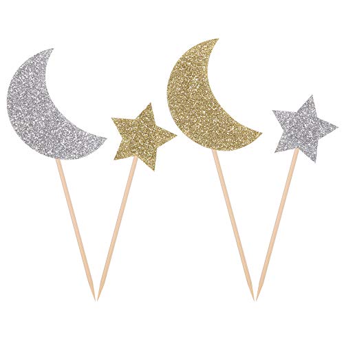 Gold And Silver Moom And Star Cupcake Toppers Baby Shower Birthday Party Appetizer Picks - 24 Counts #TOP8
