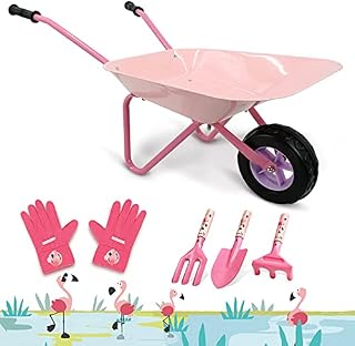 Hortem Kids Wheelbarrow Set Metal, 5PCS Construction Kids Wheel Barrel and Kids Garden Tools,Kids Gardening Glove, Gifts for Kids (Pink)