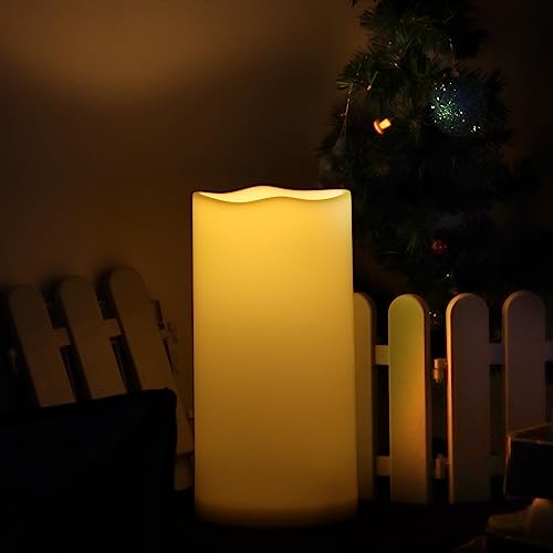 Image of Extra Large Waterproof Outdoor Flameless Candle 6 inch (D) x12 inch(H) Big Tall Battery Operated Pillar Candle with 6-hour Auto Timer Ivory Plastic Realistic Flickering LED Light for Garden Decorations
