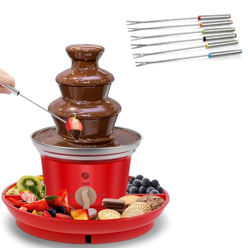 Three layer mini chocolate fountain machine 200ml chocolate hot pot machine with detachable fruit tray and 6 steel forks suitable for birthday parties wedding dessert tables and family gatherings