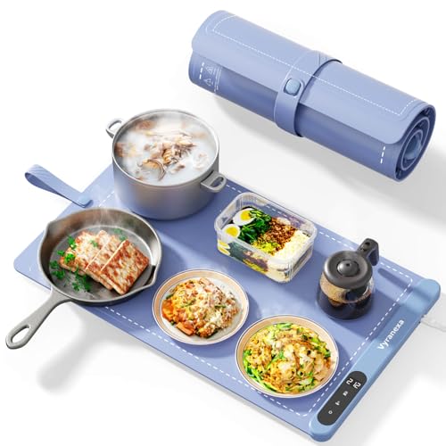 Food Warming Mat for Food, Upgrade High-tech Graphene Heating with 6-Level Adjustable Temperature and 6-Hour Timer, Silicone Roll Up Food Warming Tray, Portable for Parties (Light Blue, Large)