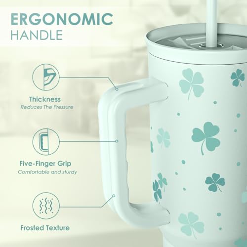 Image of 40oz Shamrock Tumbler with Handle and Straw - Insulated Stainless Steel Coffee Travel Mug, Christmas St. Patrick's Day Irish Gifts