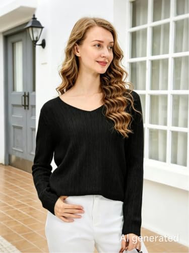 Image of Simple&Opulence Women's Long Sleeve V-Neck Sweater Off-Shoulder Light Cropped Sweaters for Women Wool Sweater S-XL