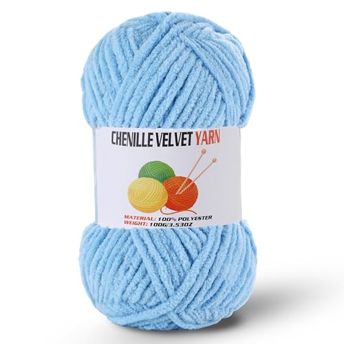Image of Fluffy Chenille Yarn for Crocheting, Chunky Velvet Yarn for Crochet Amigurumi, Used for Making Baby Yarns Blanket, Clothes, Pattern Knitting Creations (1-Bule)