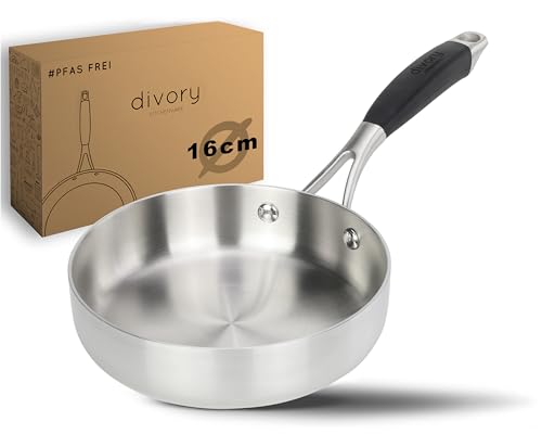 DIVORY Edelstahlpfanne 16cm Ohne PTFE & PFOA unbeschichtete Pfanne aus Edelstahl Induktion geeignet kleine Bratpfanne ohne Beschichtung stainless steel frying pan (PURA 16cm)