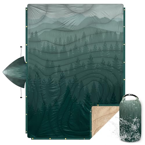 KawaGebo Kamp Outdoor Camping Blanket with Sherpa Lining, Extra Warm Thick Camp Blankets and Puffy Ultralight Soft Poncho DWR Camping Quilt for Cold Weather, Adventure, Sleeping, Backpacking 78"x 56"