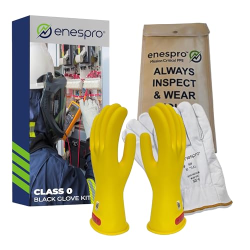 Enespro Class 0 Yellow Rubber Voltage Insulating Glove Kit with Leather Protectors, Max. Use Voltage 1,000V AC/ 1,500V DC, KITGC0Y12