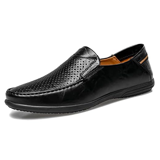 LUODENGLANG Sapatos Casuais Masculinos De Couro Legítimo Premium Loafer, Calçados Verão Macios E Sem Cadarço Para Dirigir, Mocassins Leves Respiráveis, Pretos 11 M46