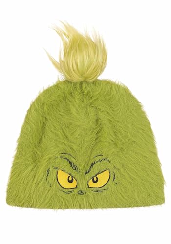Dr. Seuss The Grinch Costume Fuzzy Green Beanie Hat for Adults Christmas Party Accessory with Hair Tuft Standard