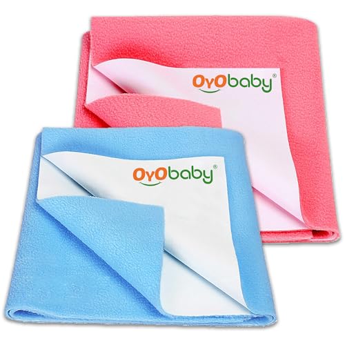 Image of OYO BABY Extra Absorbent Waterproof Baby Dry Sheet | Quick Dry Sheet for New Born Baby Bed Protector, Soft & Breathable Rubber Sheet for Bed (Blue + Salmon Rose, Medium Combo 2)