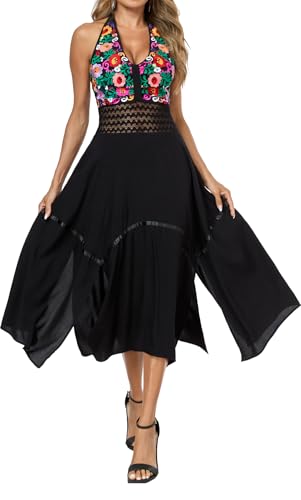 Women's Mexican Dress Flowy Dresses Embroidered Halter Off Shoulder Sexy Maxi Cocktail Dresses4