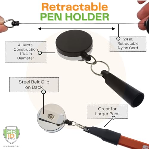 Specialist ID 2 Pack - Heavy Duty Retractable Pull Pen Holder - Ideal for Markers & Carpenter Pencils - Thick Nylon Cable, Self Retracting Reel & Tight Metal Belt Clip by Reel-N-Rite
