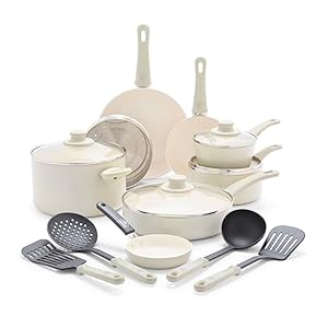 GreenLife Soft Grip Healthy Ceramic Nonstick 16 Piece Kitchen Cookware Pots and Frying Sauce Saute Pans Set, PFAS-Free with Kitchen Utensils and Lid, Dishwasher Safe, Cream