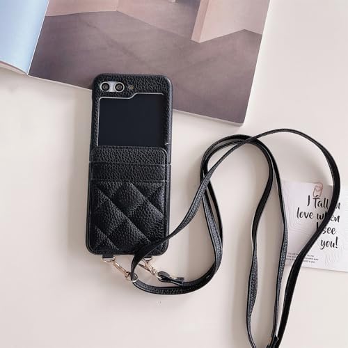 Porte-cartes et bandoulière de cet étui portefeuille en cuir noir pour Samsung Galaxy Z Flip 5