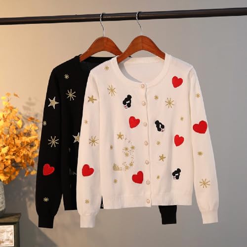 Quenny Peach Heart Sweater Women's Embroidered Cardigan Christmas Round Neck Coat Knitted Shirt Holiday Party Warm Elastic2