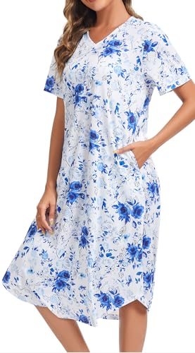 Image of Kabento Nightgowns for Women Cotton Short Sleeve Long Night Gowns with Pockets