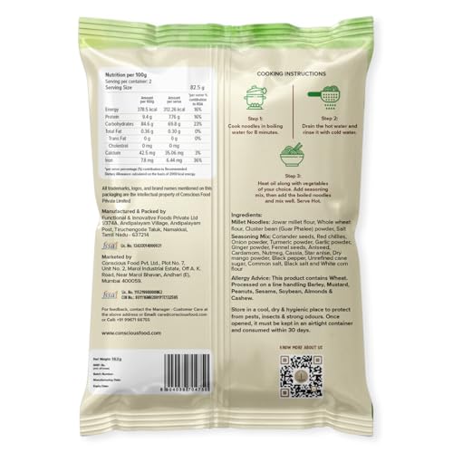 Conscious Food Millet Noodles | 162g | No Preservatives| No Maida | No Msg | No Artificial Colors or Flavors, No Trans Fat & Cholesterol