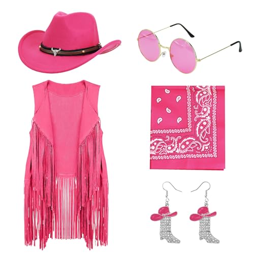 OJMHD 5 Stück Western Cowgirl Kostüm für Damen, Cowboy Outfits mit Rosa Fransenweste, Cowboy hut, Ohrringe, Hippie-Brille, Bandana für Karneval...