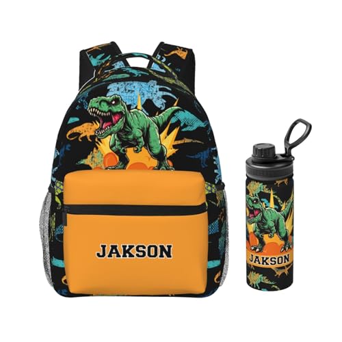 Custom Dinosaur T-Rex Kids Backpacks 2pcs Set for Boys Girls Student Personalized Name Text School Bag and 18 Oz Water Bottle Customized Sports Water Bottle School Bookbags for Back to School Travel