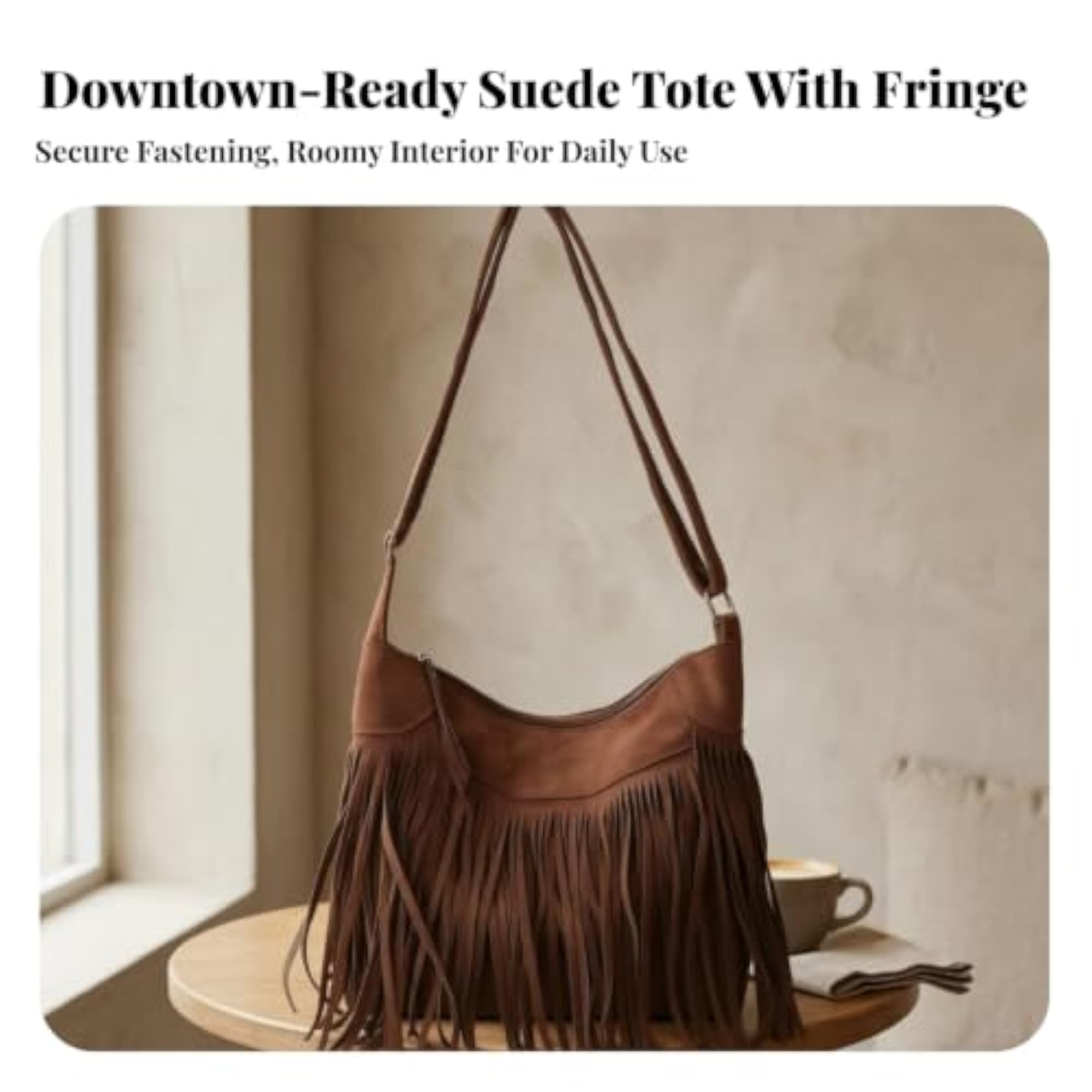 Medium-Sized Fringe Patchwork Shoulder Bag, Suede-Like