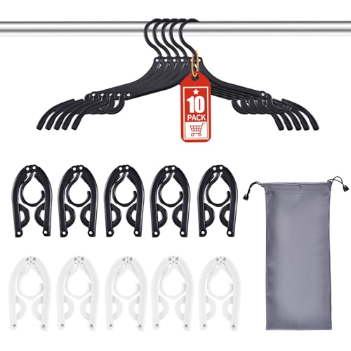 Sazfli 10-Pack Foldable Travel Hangers with Gift Box Thickened ABS & Aluminum Clips Non-Slip Design for Delicate Clothes Compact 5.5x3 Inch Black/White