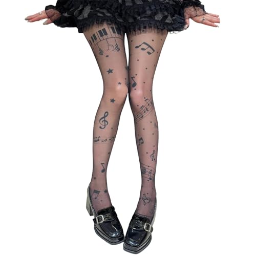 GVFDOAZJ Womens Piano Tights Funky Patterned Stockings Goth Whimsy Clothes (Black)