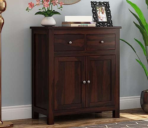 Image of Solid Sheesham Wood Wooden Sideboard Storage Cabinet : Ideal for Living Room and Bedroom with 2 Drawers and 2-Shelf Storage (Clovis, Walnut Finish)