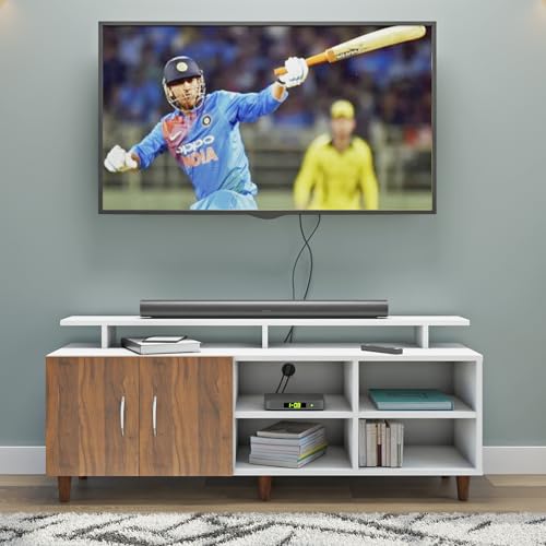 Image of VIKI Modern TV Unit for Living Room | Engineered Wood TV Cabinet with 2 Door Storage, 2 Open Shelves & Extension,Entertainment Unit, 140W x 48H x 40D cm | DIY | 1 Year Warranty (White & Walnut)