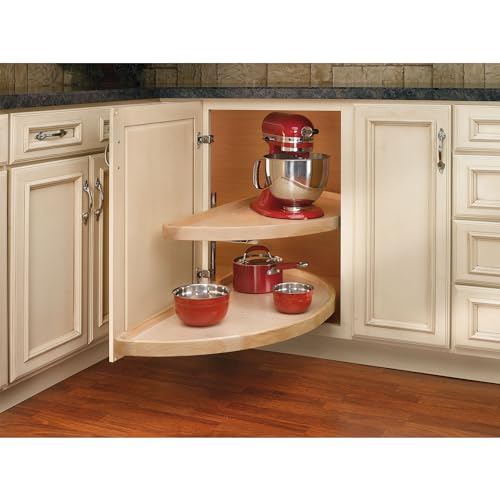Rev-A-Shelf 32" Dual Shelf Half Moon Lazy Susan Organizer for Blind Corner Kitchen Cabinets, Pull Out Turntable Storage Trays, Wood, 4WLS882-32-570