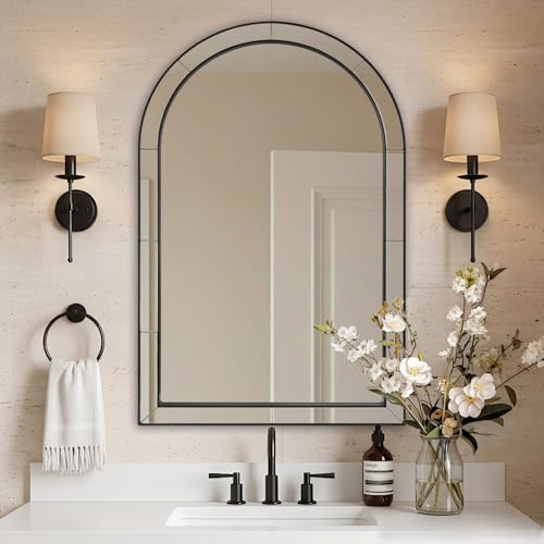 Image of MOON MIRROR Arched Mirror for Bathroom, Bathroom Mirrors for Over Sink, 20x30 inch Matte Black Non-Rusting Vanity Mirror in Delicate Tessellated Glass Design