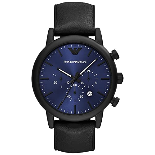 Emporio Armani Reloj Hombre, Movimiento de cuarzo, 46MM Caja de acero negro con correa de piel, AR11351, Negro azabache y azul