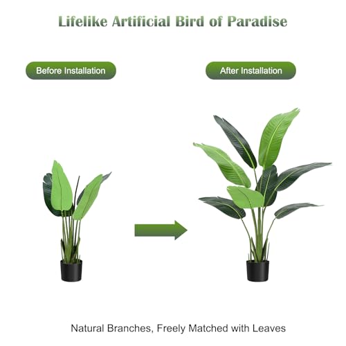 Bird of Paradise Artificial Plant,4FT Faux Tropical Palm Potted Tree Fake Artificial Bird of Paradise Plant for Indoor House Home Office Housewarming