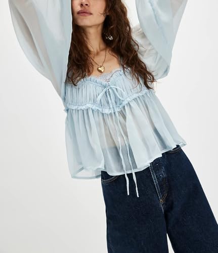 Image of Tie Front Lace Tops for Women Trendy Ruffle Trim V-Neck Chiffon Blouse Y2k Sheer Peplum Long Sleeve Button Tshirts