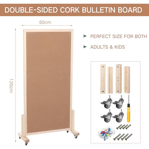 Saypacck Double Sided Large Cork Board for Office with Wheel 24 x 47'' Reversible Mobile Cork Bulletin Board with Push Pin Decorative Display Board Portable Freestanding Corkboard for Home Photo Wall