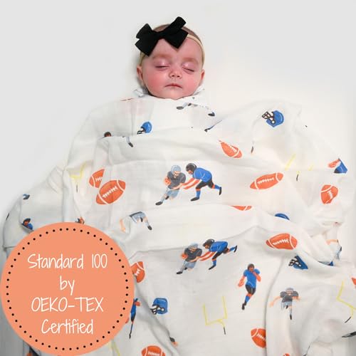 Image of LollyBanks Swaddle Blanket 100% Muslin Cotton, 47 x 47 inches Soft Breathable Muslin Baby Swaddles for Boys, Baby Essentials, Registry and Gift (Football Print), Touchdown