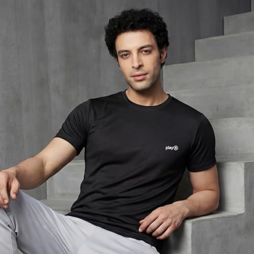 Image of playR Men's Polyester Adult Training Tee - Round Neck Half Sleeve Regular Fit DRIVENT, Lightweight Breathable Activewear for Gym Running Workout Yoga All Season