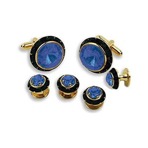 EZ Tuxedo Crystal Cufflinks and Studs with Sapphire Center and Black Trim Cover
