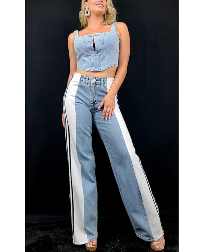 Women's Wide Leg Jeans High Waisted Stretch Patchwork Color Block Stripes Loose Straight Baggy Denim Pants4