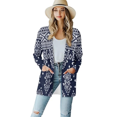 Image of Women's Aztec Open-Front Jacket Lightweight Casual Outerwear Native Western Aztec Pattern & Plaid Houndstooth Print