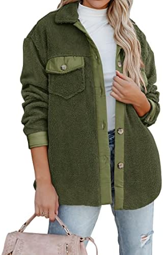 ZESICA Womens Winter Casual Sherpa Fleece Jacket Long Sleeve Button Solid Warm Fuzzy Outwear Coat Pockets,ArmyGreen,Small