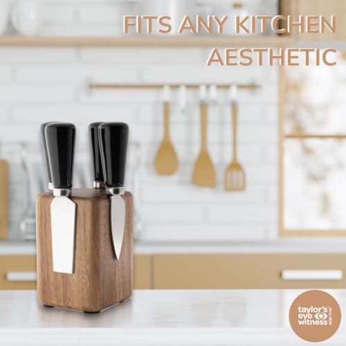 4 Piece Cheese Knife Set & Block - Stylish Cheese Knives Gift Set With Magnetic Acacia Wood Block. Black Coloured Ceramic Handles & Classic Polished Stainless Steel Blades. 10 Year Guarantee. - Image 5