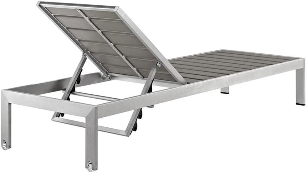 Pemberly Row Aluminum Patio Chaise Lounge Chair, 12" H x 25" W x 76" D, Silver/Gray Finish, Adjustable Recliner, Set of 4, Durable Outdoor Sun Lounger with Wheels and Plastic Wood Accents