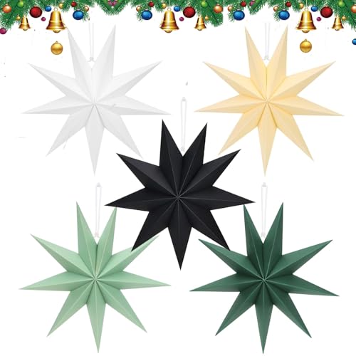 5 Estrellas de Papel de Navidad 30 cm - Linternas Papel Flor de Pascua de Nueve Esquinas - Estrellas Plegables de Papel - Arbol Navidad 3D