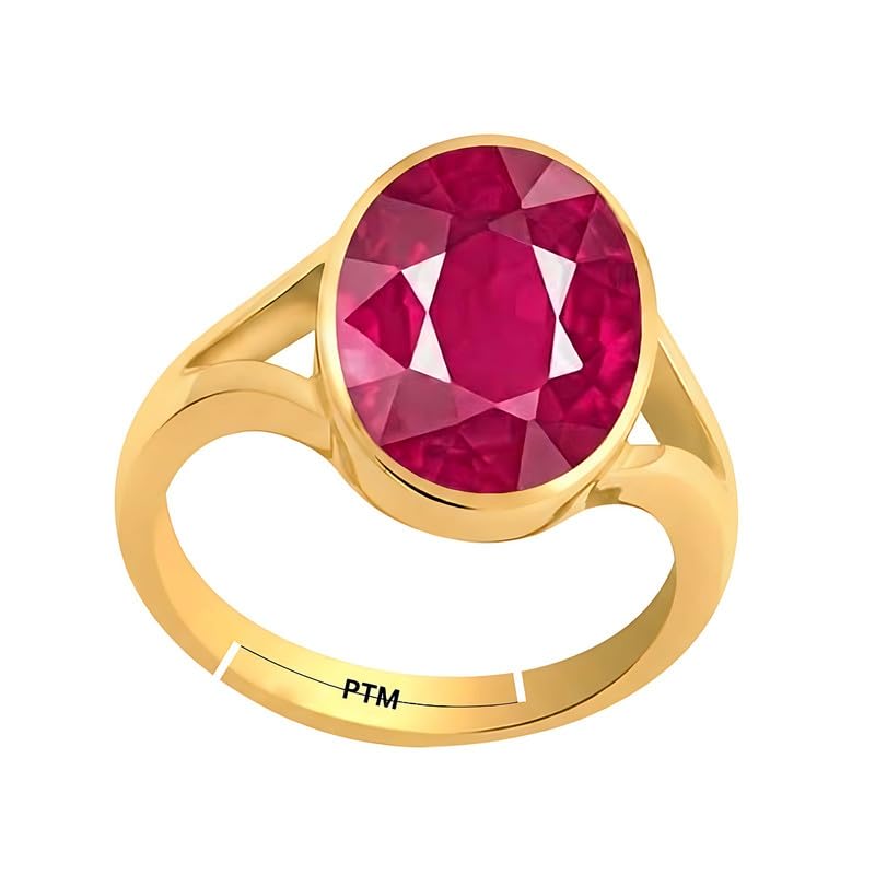 PTM Natural Ruby/Manik 3.25 to 10.25 Ratti or 3.00 to 9.50 Carat Astrological Certified Gemstone Panchdhatu/5 Metals Gold Plated Adjustable Ring for Men and Women