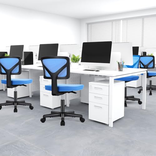 Image of DUMOS Small Office Chairs with Wheels, Ergonomic Adjustable Home Desk Swivel Rolling Task Chair No Arms, Comfy Mesh Mid Back Computer Work Vanity Desk Chairs for Small Spaces, Blue