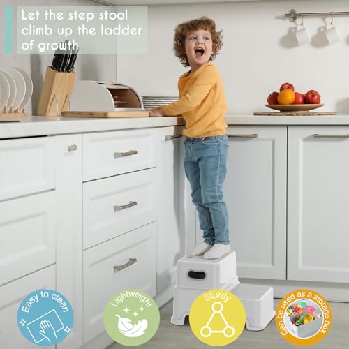 Image of Victostar 2 Step Stool for Kids, Anti-Slip Sturdy Toddler Two Step Stool for Toilet Potty Training, Bathroom,Kitchen(Grey-White)
