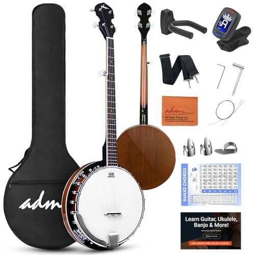 ADM Banjo 5 String Full Size Banjoes Set, 38 Inch Beginner Banjo Kit with Resonator, Remo Drum Head, Open or Closed Back, Gift Package Free Lessons Starter Accessories for Adults Teenager, Brown
