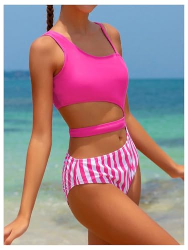 OYOANGLE Girl's Cut Out One Piece Swimsuit Striped Print Asymmetrical Neck Bathing Suits Swimwear2