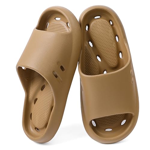 EitCaton Shower Slippers for Women and Men, Comfort Bathroom Quick-Dry Shoes with Drain Holes, Non-Slip Massage Slide Sandals for Gym, Pool, Dorm, Beach(Brown, 11.5-12.5 Women/10-10.5 Men, CHN44-45)
