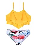 Firpearl Girl's Bikini Set Ruffled Two Piece Bathing Suits Flounce Kids Swimsuit Swimwear Yellow&Red Floral 150/10-11 Years